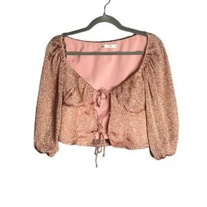 Saints + Secrets Pink Leopard Print Long Sleeve Cropped Top Open Front Tie Sz XS